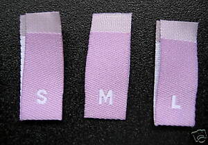 240 WOVEN CLOTHING LABELS, SIZE TAGS S, M, L, XL PURPLE