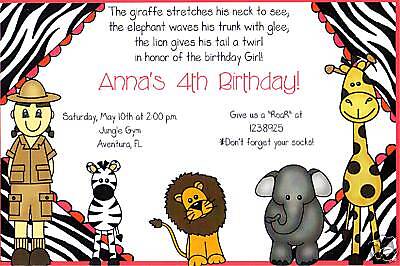 Girls Jungle Birthday Invitations~Zoo~Animals~Safari  