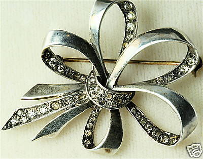 VINTAGE MARCEL BOUCHER STERLING SILVER BOW PIN RHINESTO  