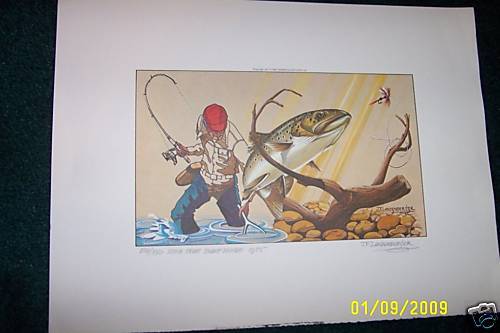 1975 Iowa Trout Landenberger Print signed w/stamp BW  