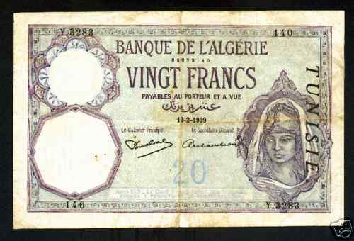 TUNISIA 20 FRANCS 1939 PICK # 6b VF.  