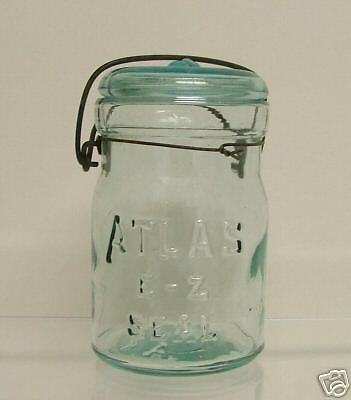 Atlas Glass E Z Seal Fruit JAR Blue Aqua pt Bail Lid #1  