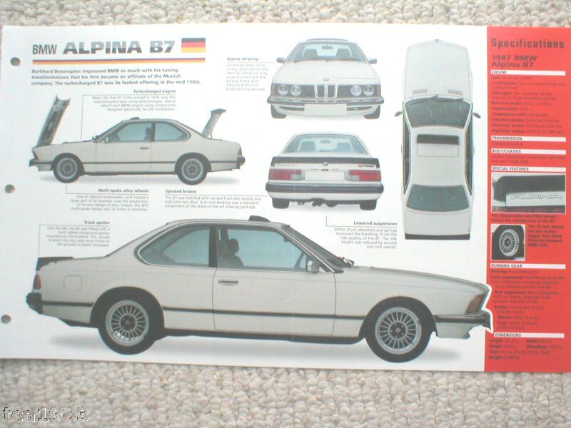 BMW ALPINA B7 SPEC SHEET/Brochure/Prospek1987,1988,86  