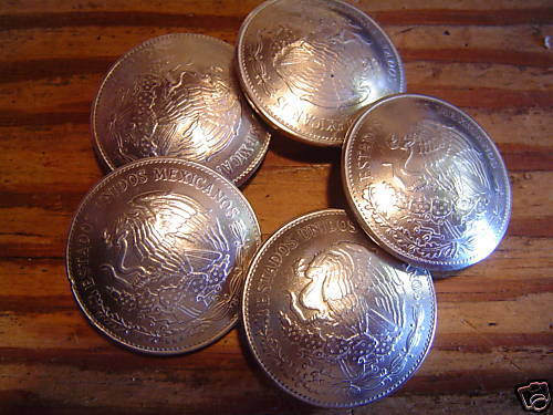 Five 20 Peso Mexican Nickle Silver Conchos  