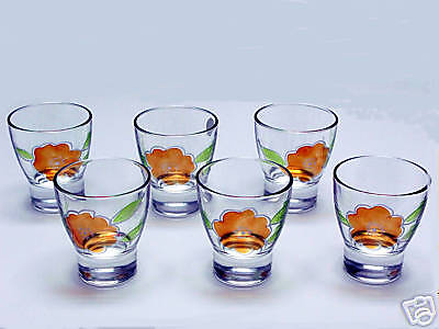 Set of 6 blue tinted highball glasses orange blooms NEW  