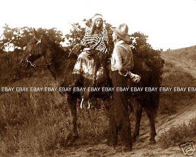 PHOTO OF A OLD WESTERN COWBOY & INDIAN MAIDEN ON HORSEBACK  