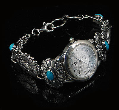 GORGEOUS .925 Sterling Silver Natural Blue Turquoise Wrist Watch 